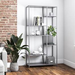 Aukfa - Metal Bookcase Room Divider - 6 Varied Shelves, Powder-Coated Metal, 31.5"W x 72.8"H, Minimal Assembly Required - Gray