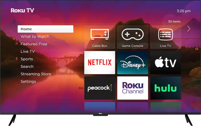 Roku TV 3:25 pm 30 Items Home What to Watch + Featured Free Cable Box Game Console Live TV Live TV Sports Search Streaming Store NETFLIX Disney+ peacock Hulu Roku