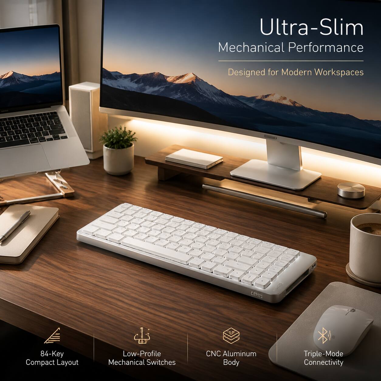 Ultra-Slim Mechanical Performance Designed for Modern Workspaces

84-Key Compact Layout
Low-Profile Mechanical Switches
CNC Aluminum Body
Triple-Mode Connectivity