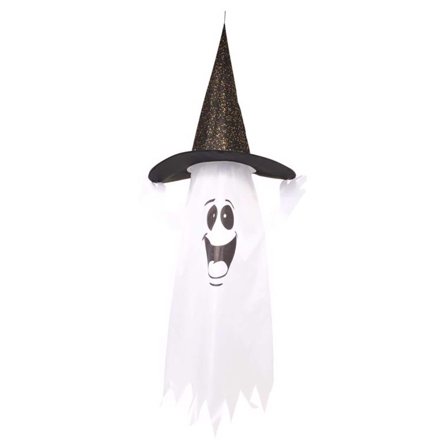 Fun World - 5 ft. Prelit Ghost w/Witch Hat Halloween Decor - White | Black
