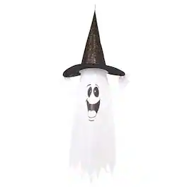 Fun World - 5 ft. Prelit Ghost w/Witch Hat Halloween Decor - White | Black