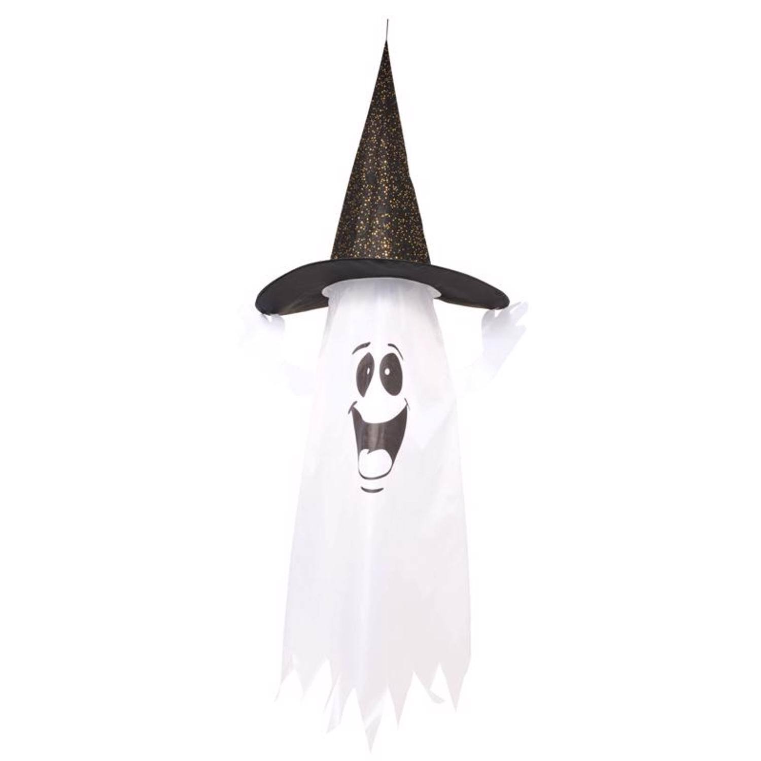 Front. Fun World - Fun World 5 ft. Prelit Ghost w/Witch Hat Halloween Decor - White | Black.