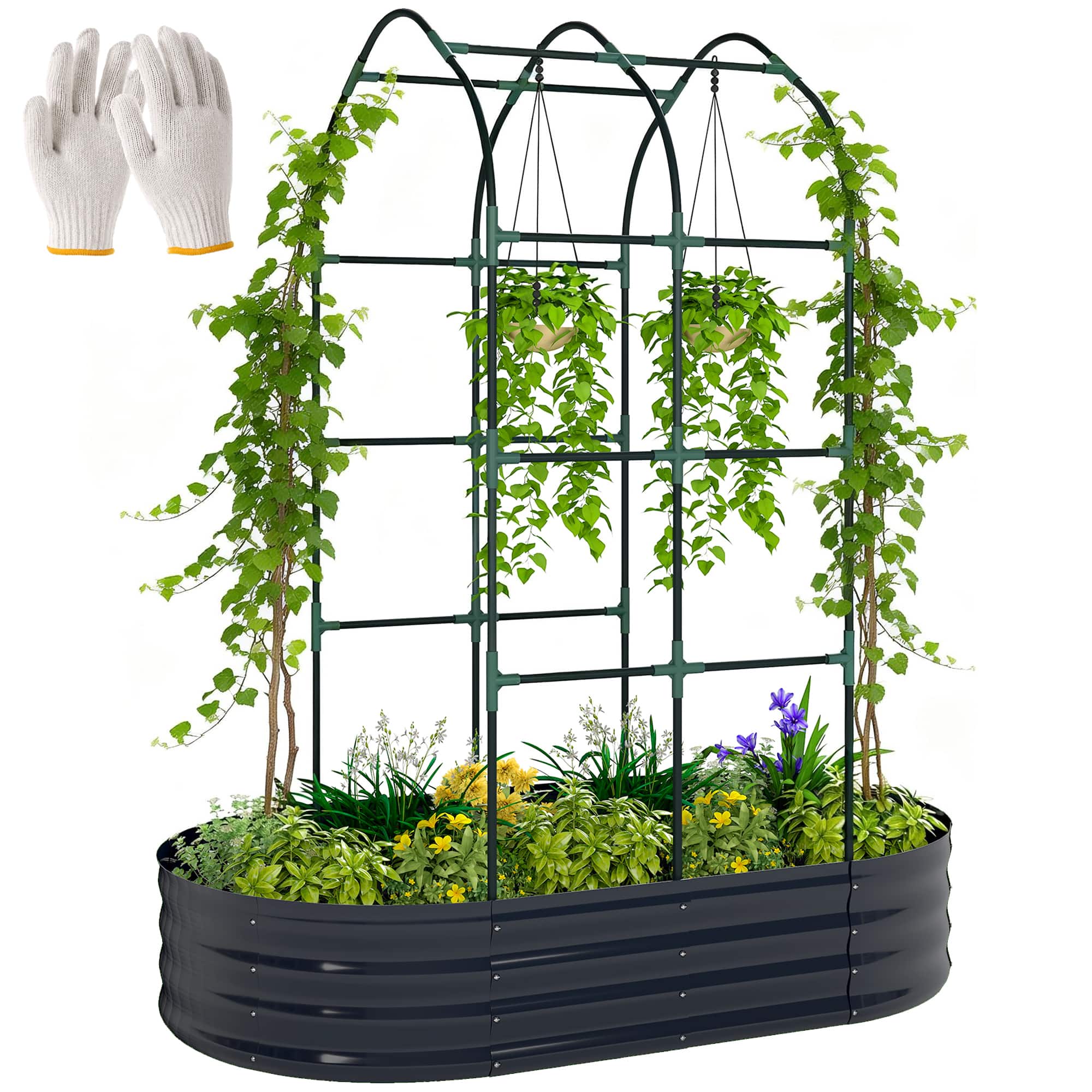 Outsunny - Galvanised Raised Garden Bed with Arched Trellis, 5 x 3 x 6ft Metal Outdoor Planter Box with Open Bottom Design