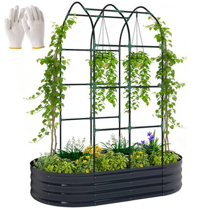Front. Outsunny - Galvanised Raised Garden Bed with Arched Trellis, 5 x 3 x 6ft Metal Outdoor Planter Box with Open Bottom Design.