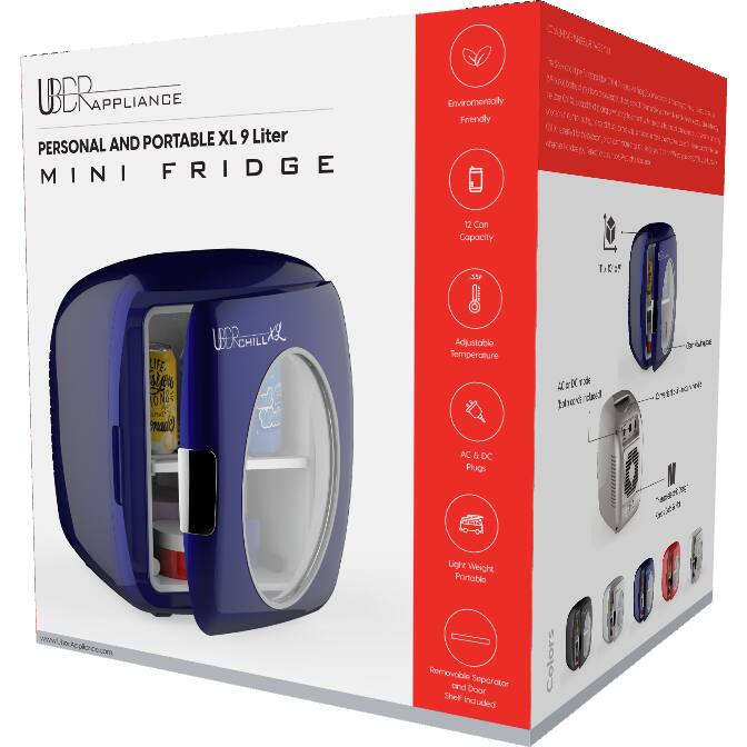 UBER APPLIANCE  
PERSONAL AND PORTABLE XL 9 Liter MINI FRIDGE  

- Environmentally Friendly  
- 12 Can Capacity  
- Adjustable Temperature  
- AC & DC Plugs  
- Light Weight Portable  
- Removable Separator and Door Shelf Included  
- Colors  

www.uber-appliance.com
