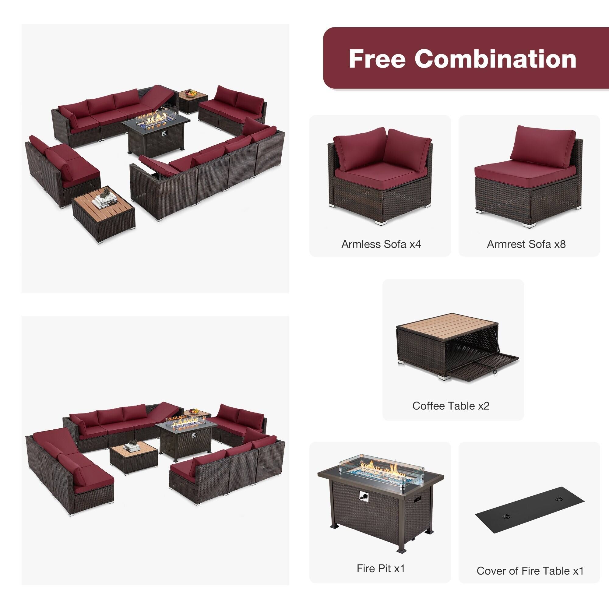 Free Combination  
OA Armless Sofa x4  
Armrest Sofa x8  
EO Coffee Table x2  
Fire Pit x1  
Cover of Fire Table x1