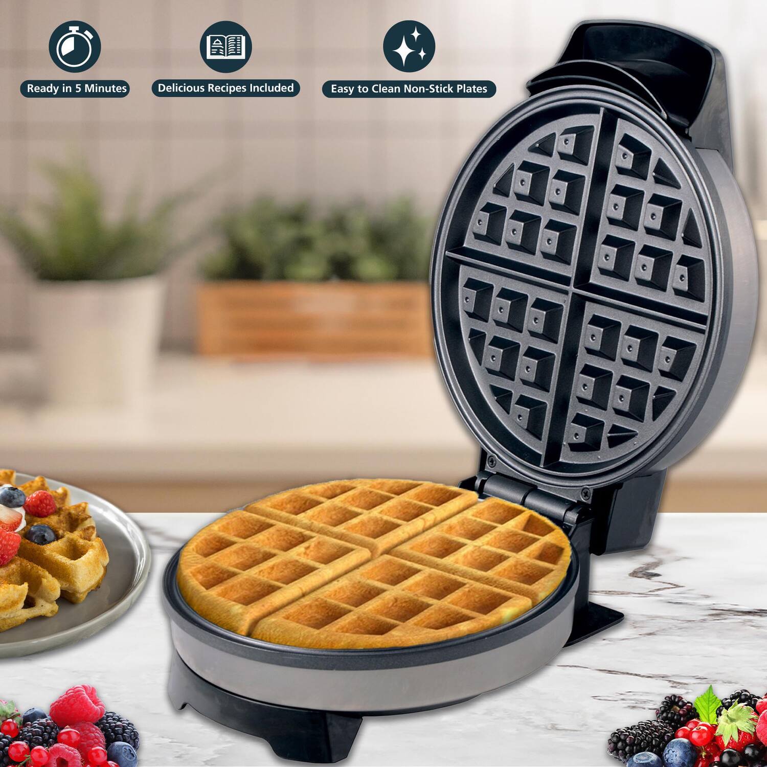 Ready in 5 Minutes  
Delicious Recipes Included  
Easy to Clean Non-Stick Plates