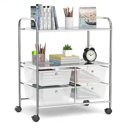 The image features a cart with various items on it, including books, a clock, a potted plant, and a cup. The cart is filled with a variety of books, some of which are stacked on top of each other. The clock is placed towards the right side of the cart, while the potted plant is situated in the middle. The cup is located near the top left corner of the cart. The cart is likely used for organizing and displaying these items in a neat and accessible manner.