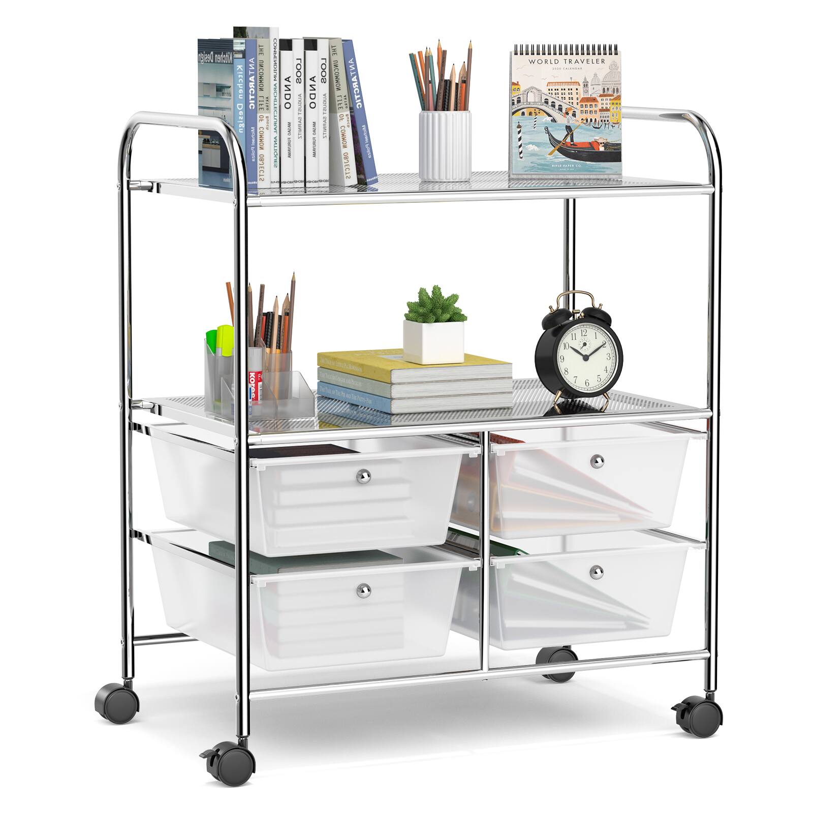 Costway - 4 Drawer Rolling Storage Cart Scrapbook Paper Office School Organizer - Clear