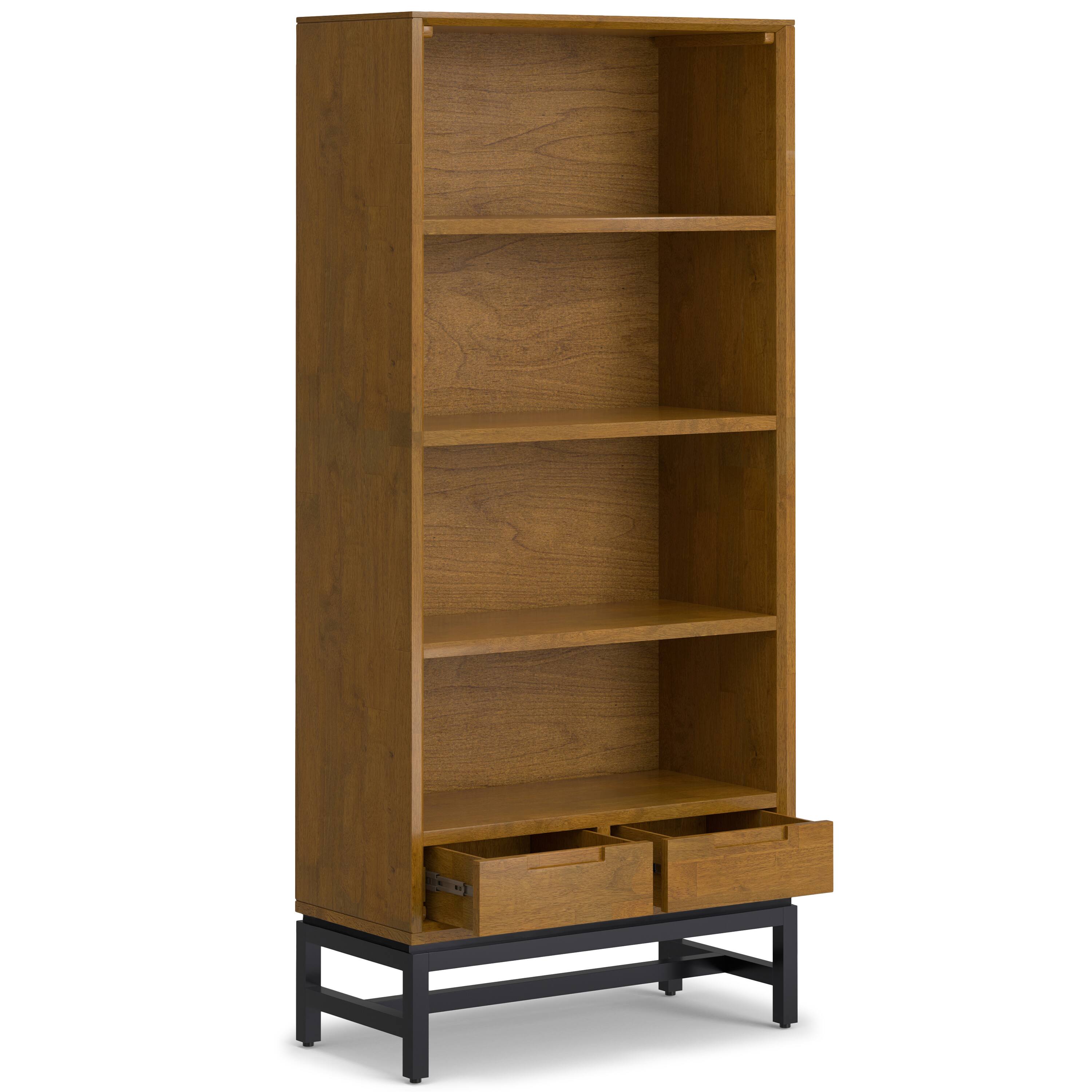 Back. Simpli Home - Banting SOLID HARDWOOD and Metal 66 inch x 30 inchRectangle Modern Industrial Bookcase in Medium Saddle Brown - Medium Saddle Brown.