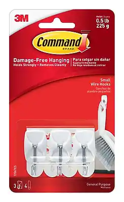 3M Command Brand
Damage-Free Hanging
Holds Strongly • Removes Cleanly
Para colgar sin dañar
Sujeta firmemente • No deja residuos al retirar
Small Wire Hooks
Ganchos de alambre pequeños
0.5 lb
225 g
General Purpose
Multipropósito
3 4