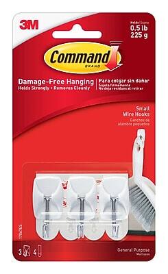 3M Command Brand  
Damage-Free Hanging  
Holds Strongly • Removes Cleanly  
Para colgar sin dañar  
Sujeta firmemente • No deja residuos al retirar  
Small Wire Hooks  
Ganchos de alambre pequeños  
0.5 lb  
225 g  
General Purpose  
Multipropósito  
3 4