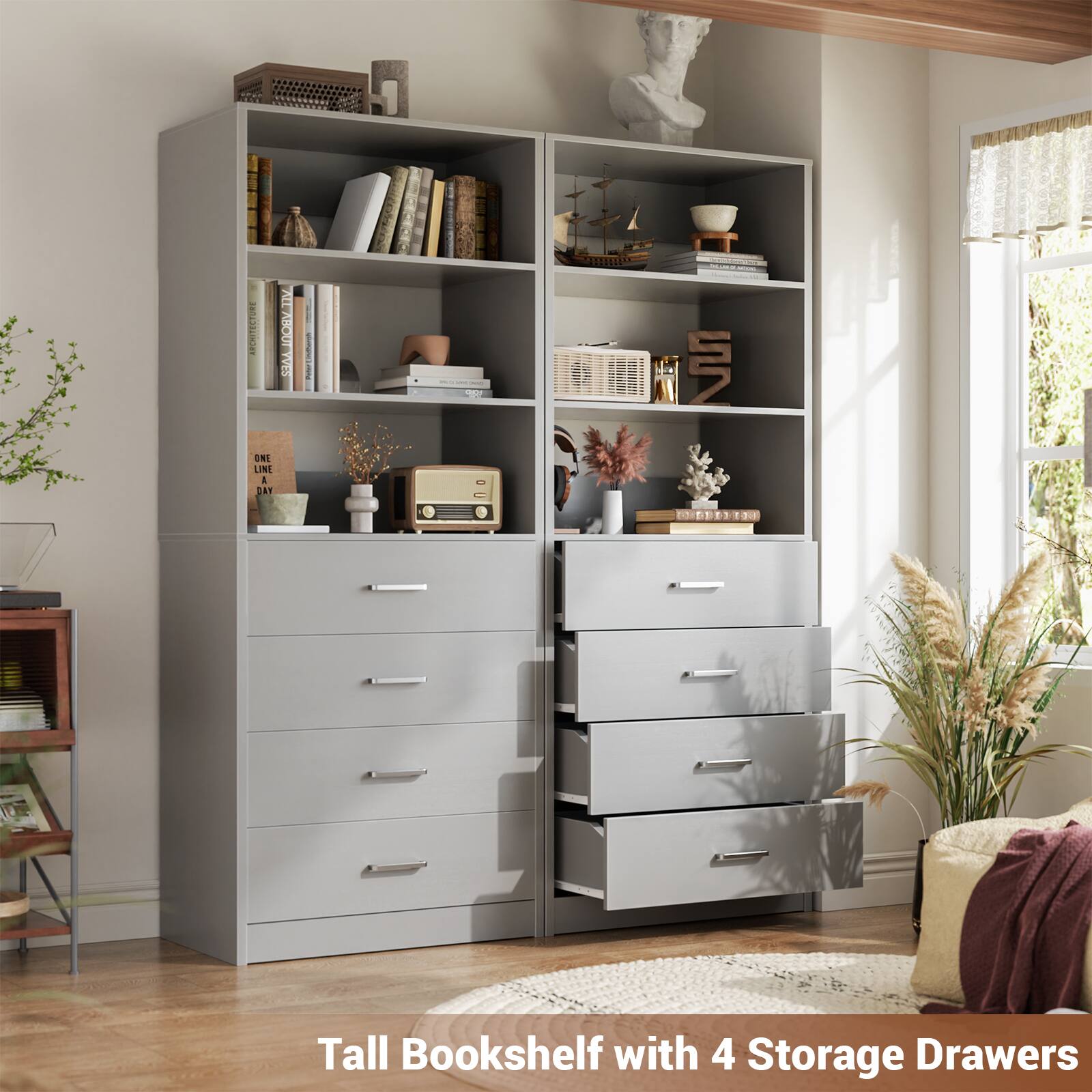 Tall Bookshelf with 4 Storage Drawers