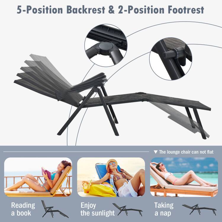 5-Position Backrest & 2-Position Footrest

The lounge chair can not flat

Reading a book

Enjoy the sunlight

Taking a nap
