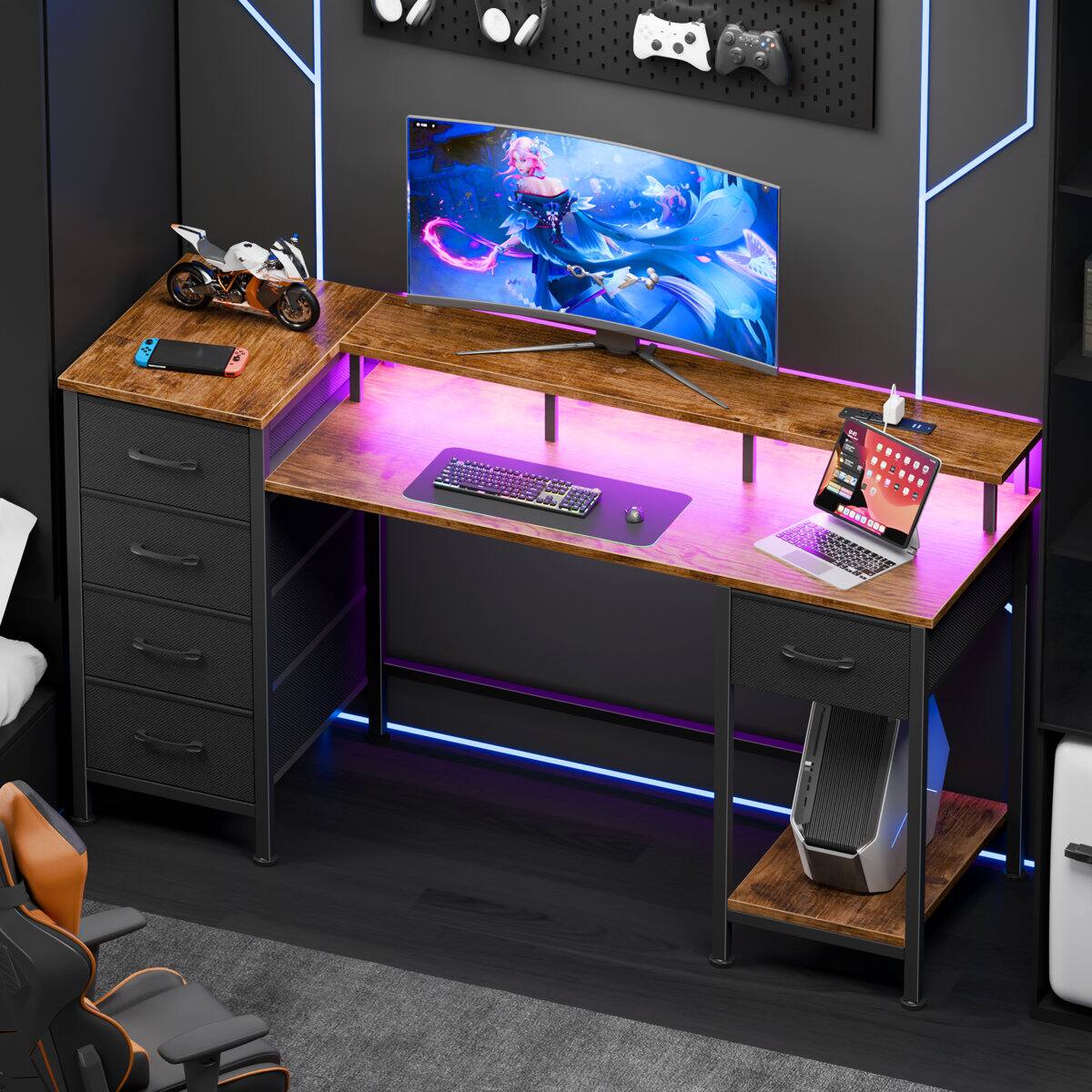 Alt View 3. Furnulem - 47 Inches Computer Desk with Monitor Stand Charging Station  LED Lights Gaming Desk with Drawers for Home Office - Brown.