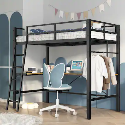 Front. Spaco - Spaco Heavy Duty Twin Metal Loft Bed with L-Shaped Desk, USB Charging Station, LED Lights, Safety Guardrails and Ladder - Antique Black.