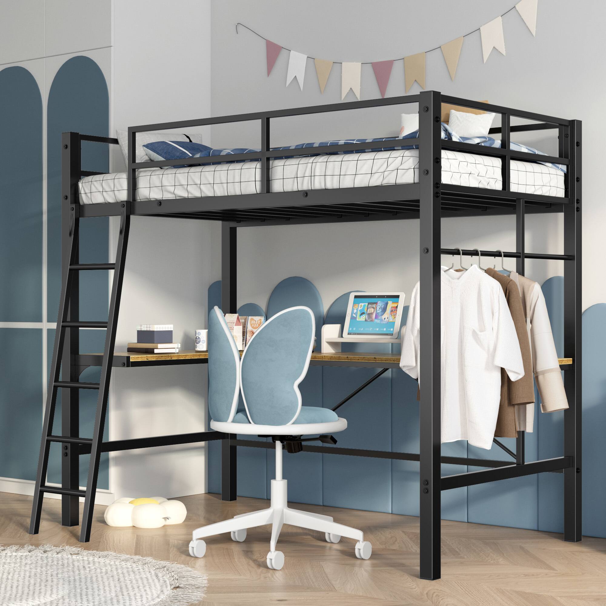 Front. Spaco - Spaco Heavy Duty Twin Metal Loft Bed with L-Shaped Desk, USB Charging Station, LED Lights, Safety Guardrails and Ladder - Antique Black.
