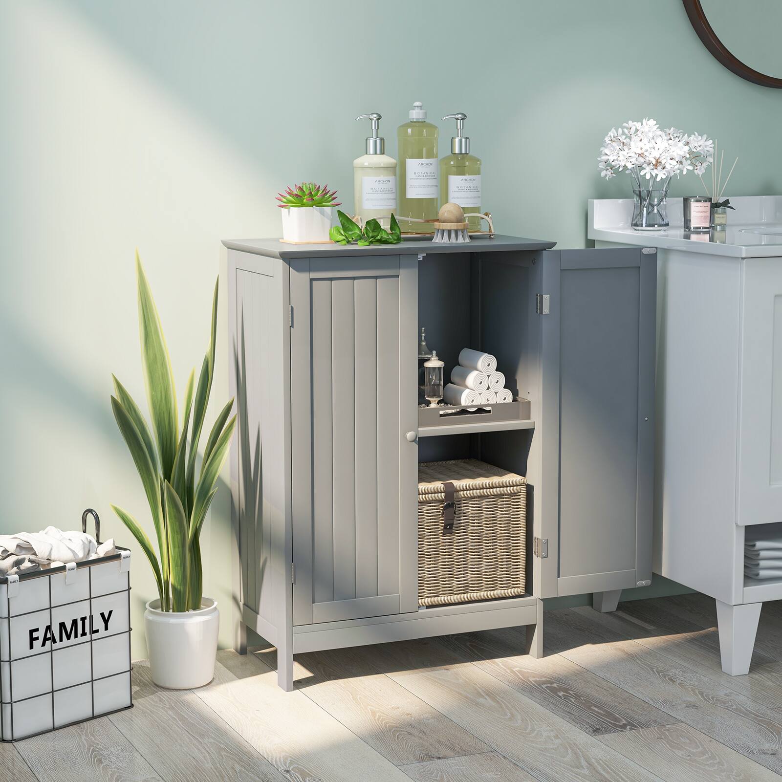 Alt View 1. Costway - Costway Bathroom Floor Cabinet Wooden Floor Storage Cabinet Living Room Modern - Gray.