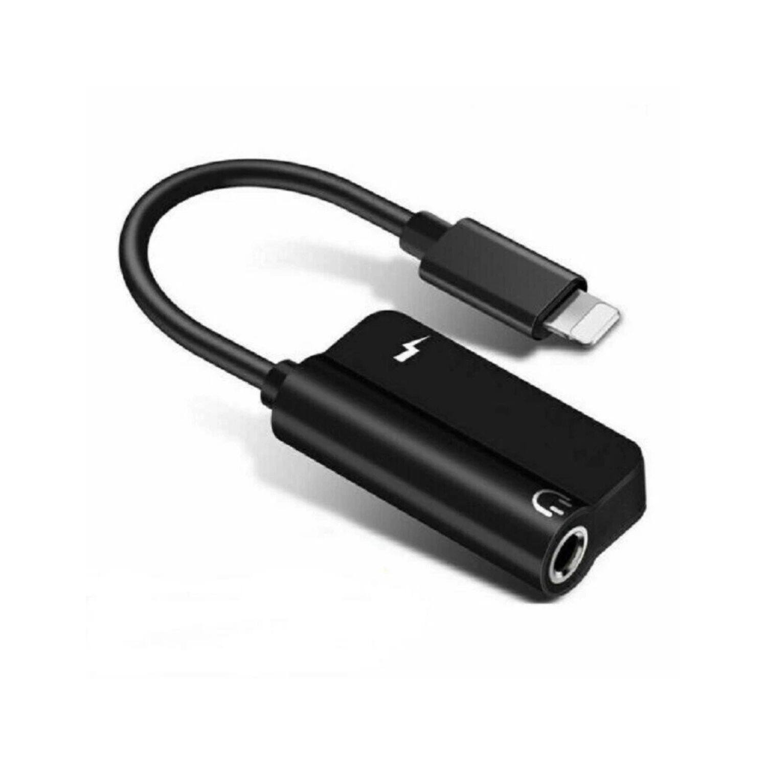 Front. Home Collection - 2-in-1 3.5mm AUX Audio + Charger Adapter Cable for iPhone 14/13/12/11/X – Fast Charging & Hi-Fi Sound - Black.