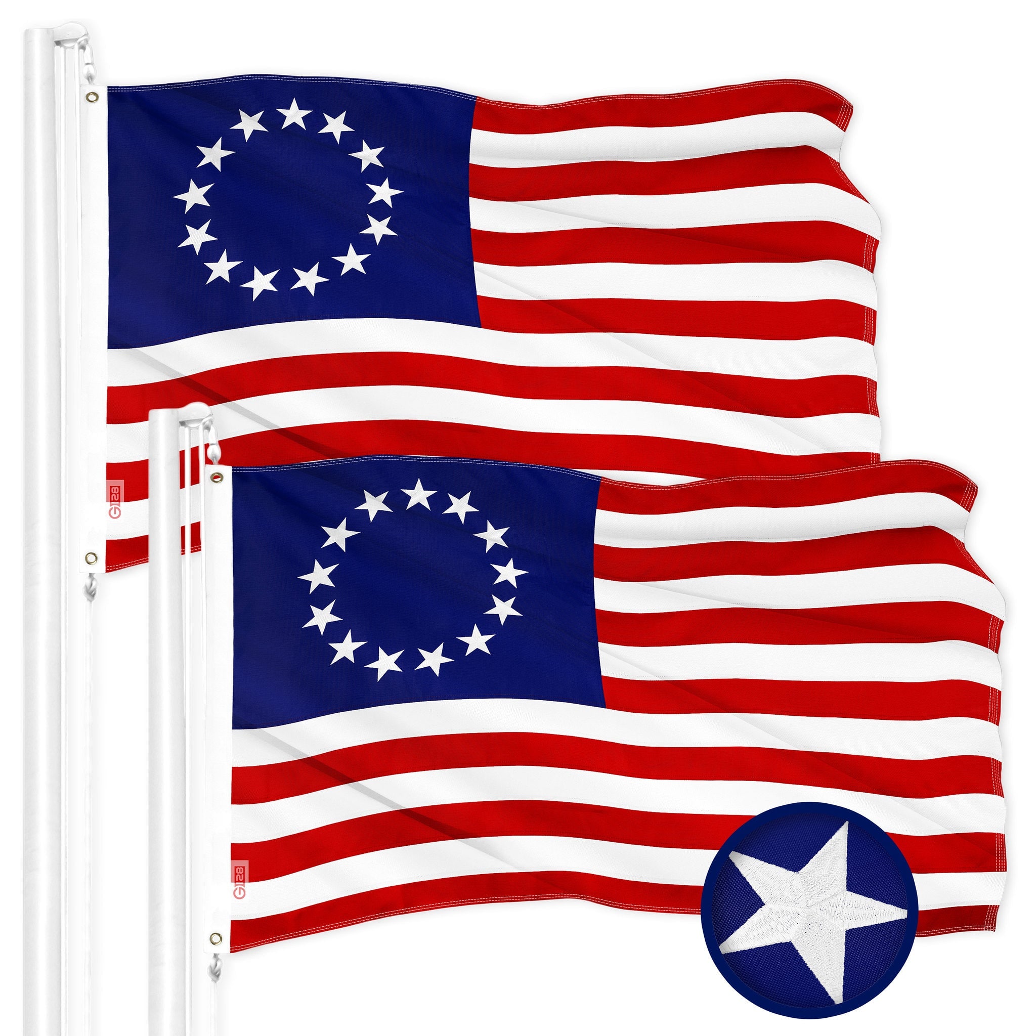 G128 - 2-Pack Betsy Ross Flag 1 x 1.5 ft Embroidered 300D Polyester with Brass Grommets - Assorted Colors