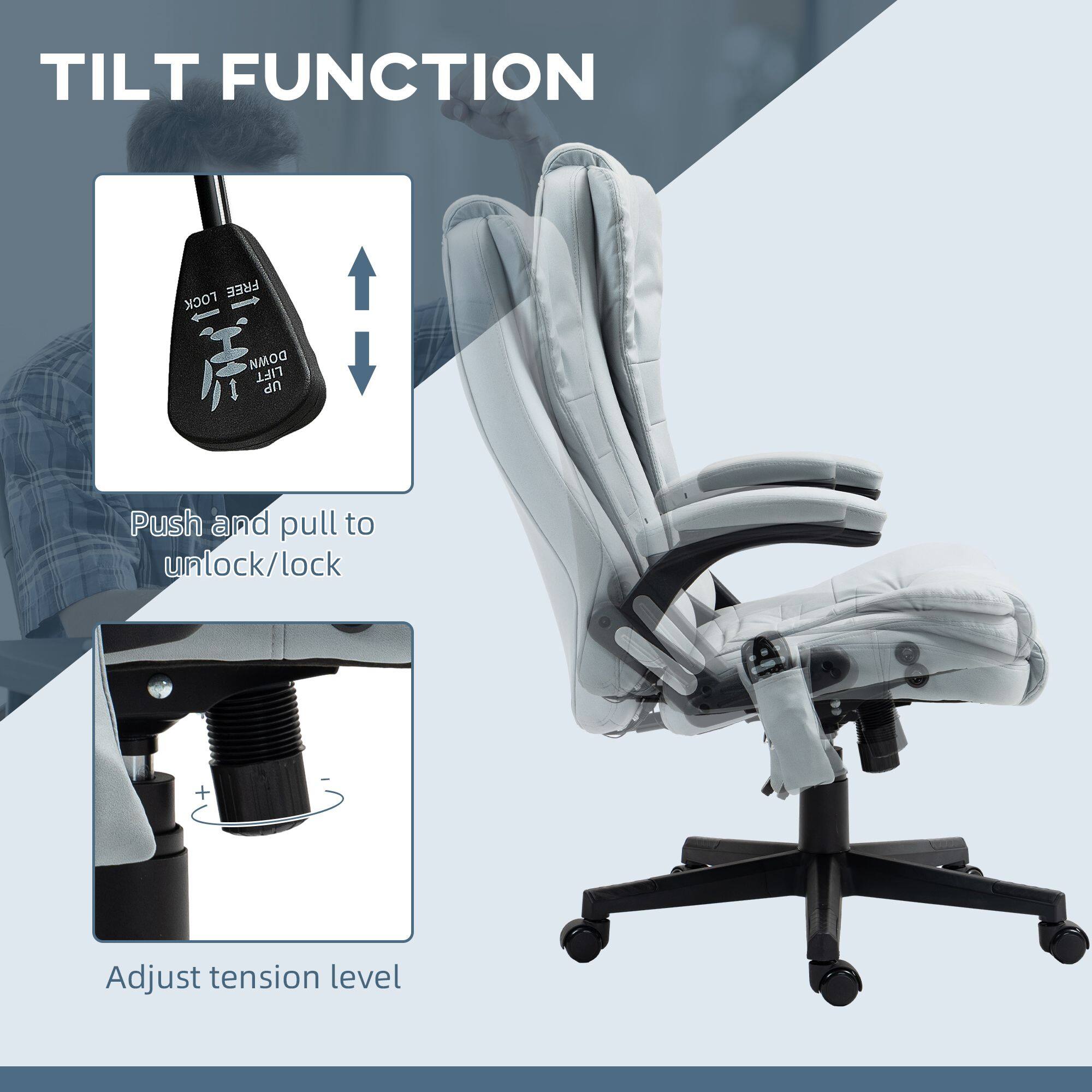 TILT FUNCTION

Push and pull to unlock/lock

Adjust tension level
