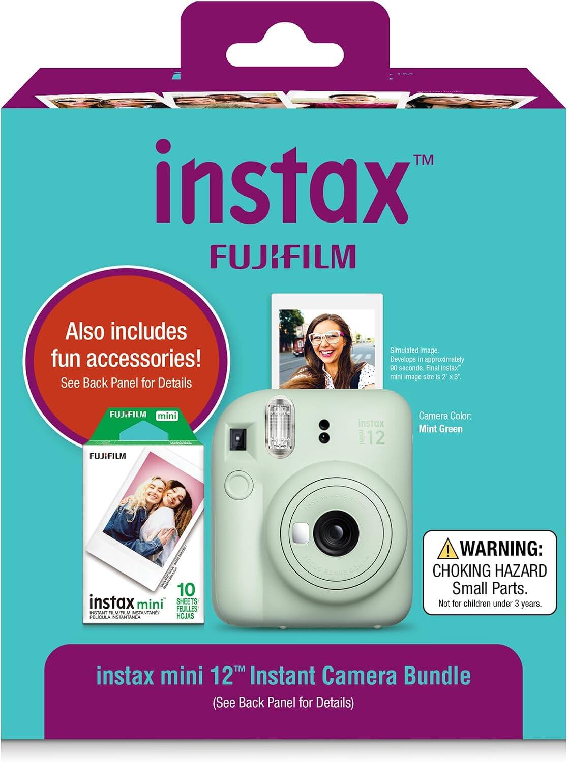 instax™ FUJIFILM

Also includes fun accessories! See Back Panel for Details

Simulated image. Develops in approximately 90 seconds. Final instax mini image size is 2 x 3.

FUJiFILM mini - FUJIFILM
instax mini 12
Camera Color: Mint Green
10 instax mini SHEETS FEUILLES INSTANT FILM/FILM INSTANTANÉ PEUCULA INSTANTANEA HOJAS

! WARNING: CHOKING HAZARD Small Parts. Not for children under 3 years.

instax mini 12™ Instant Camera Bundle (See Back Panel for Details)