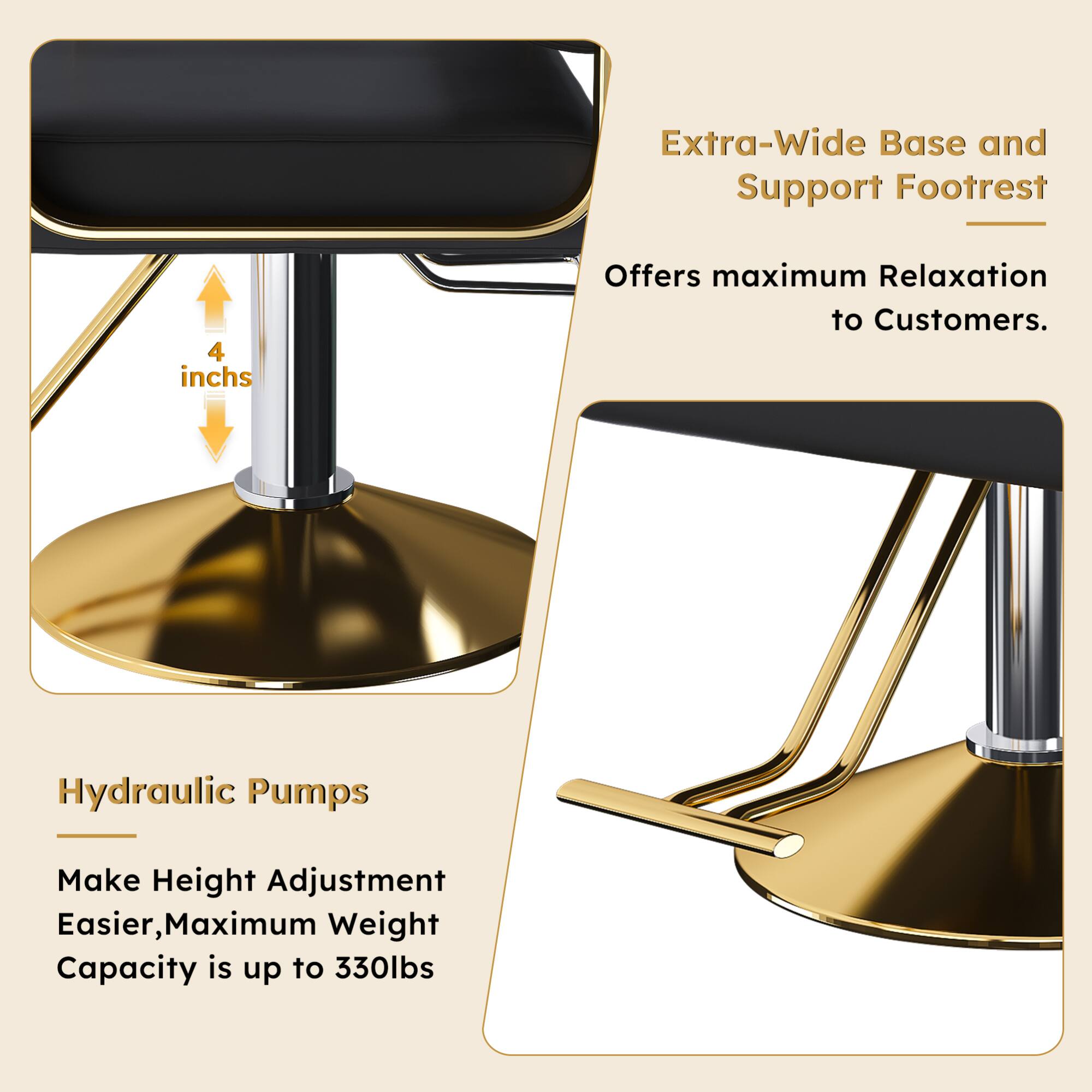 Extra-Wide Base and Support Footrest  
Offers maximum Relaxation to Customers.

Hydraulic Pumps  
Make Height Adjustment Easier, Maximum Weight Capacity is up to 330lbs