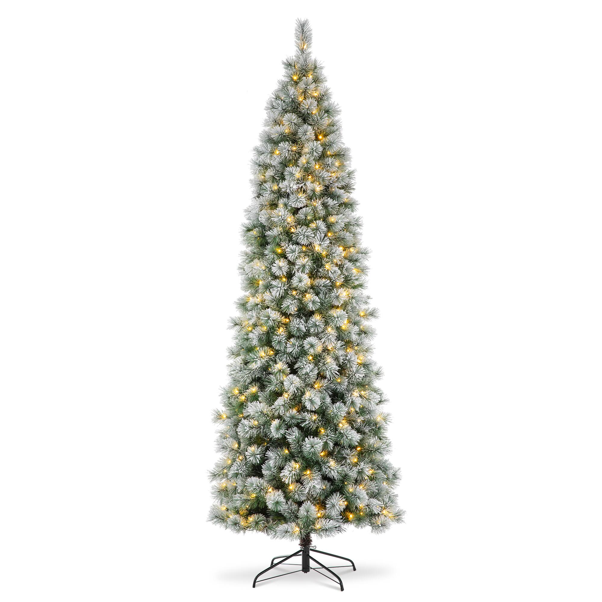 Angle. Glitzhome - 9ft Pre-Lit Flocked Pencil Pine Artificial Christmas Tree with 500 Lights - White.