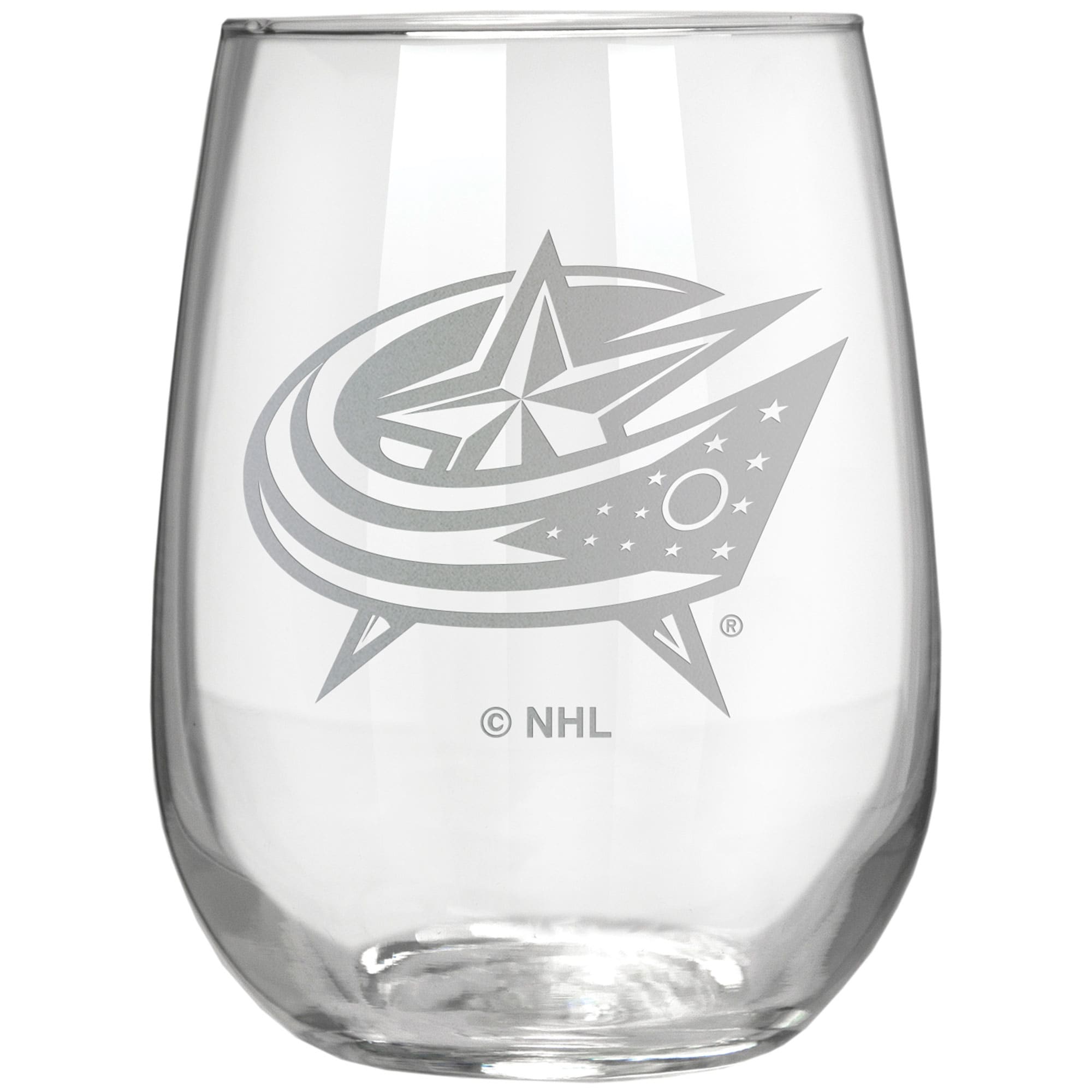Front. Great American Products - Columbus Blue Jackets Etched 17oz. Rally Cry Stemless Wine Glass - Multicolor.