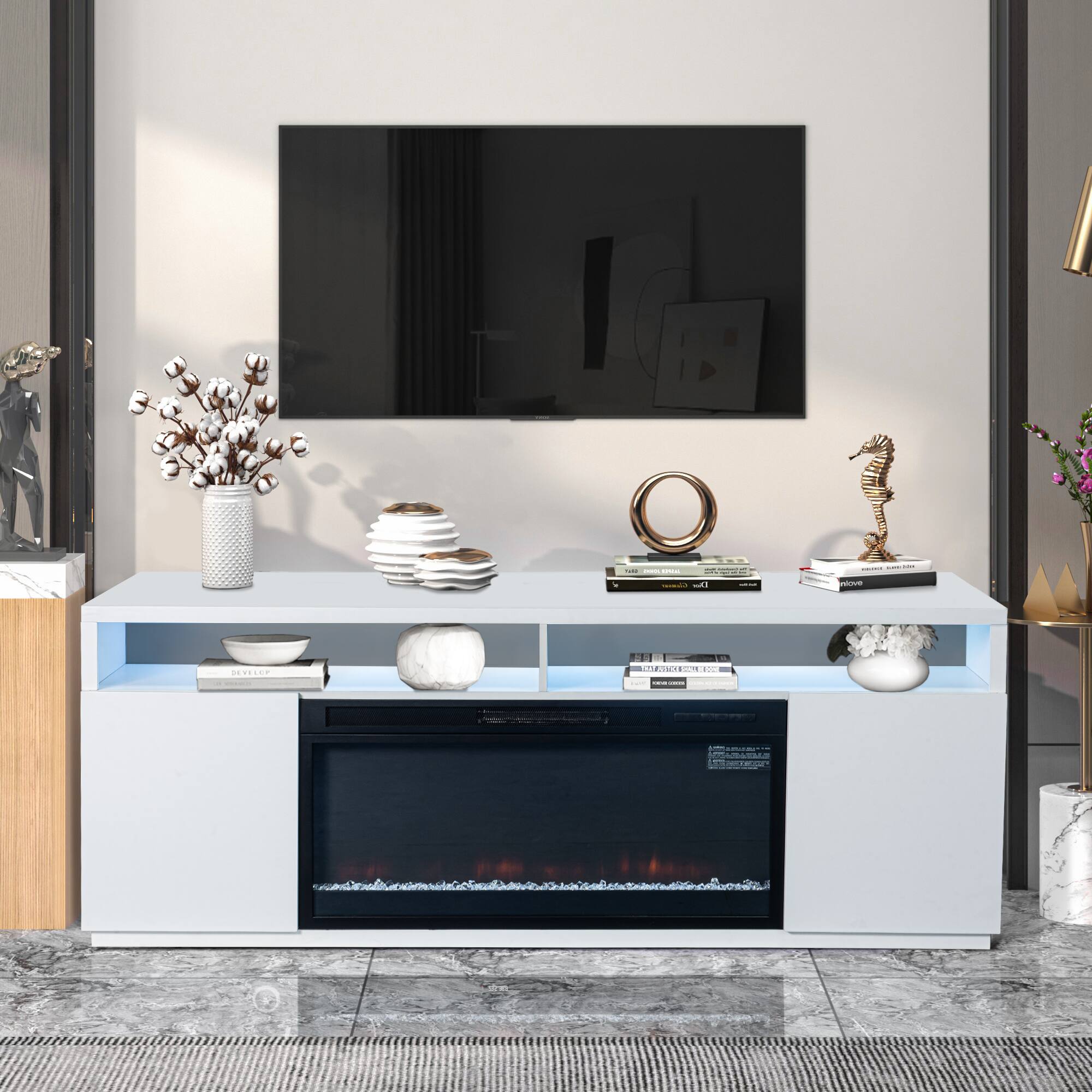 Left. Ihomeadore - 68" White LED TV Stand with Storage and 36" Insert Electric Fireplace for TVs up to 78" - White.