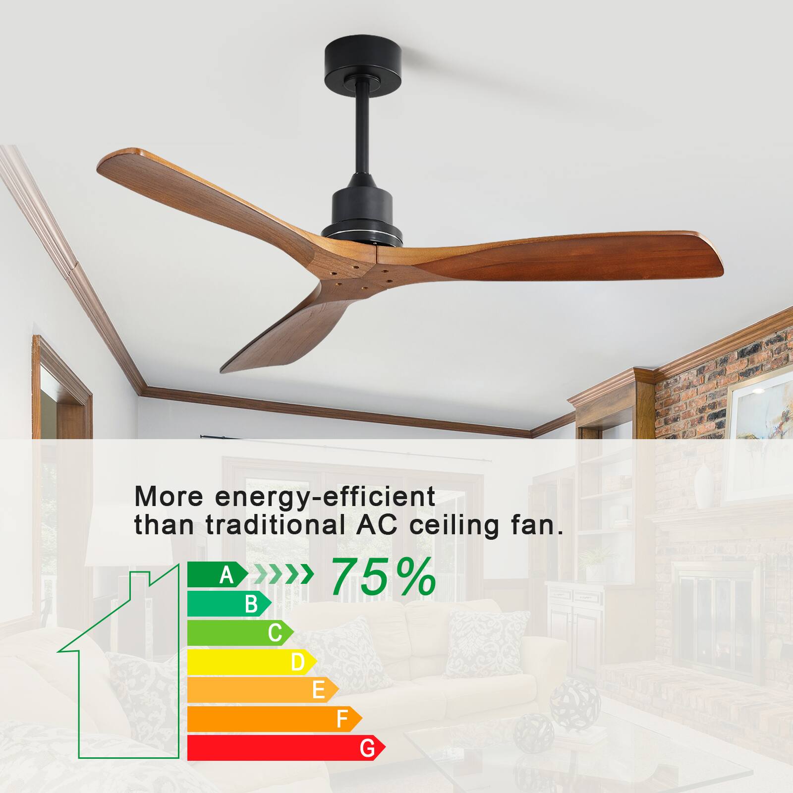 More energy-efficient than traditional AC ceiling fan.

A >>>> 75%

B C D E F G