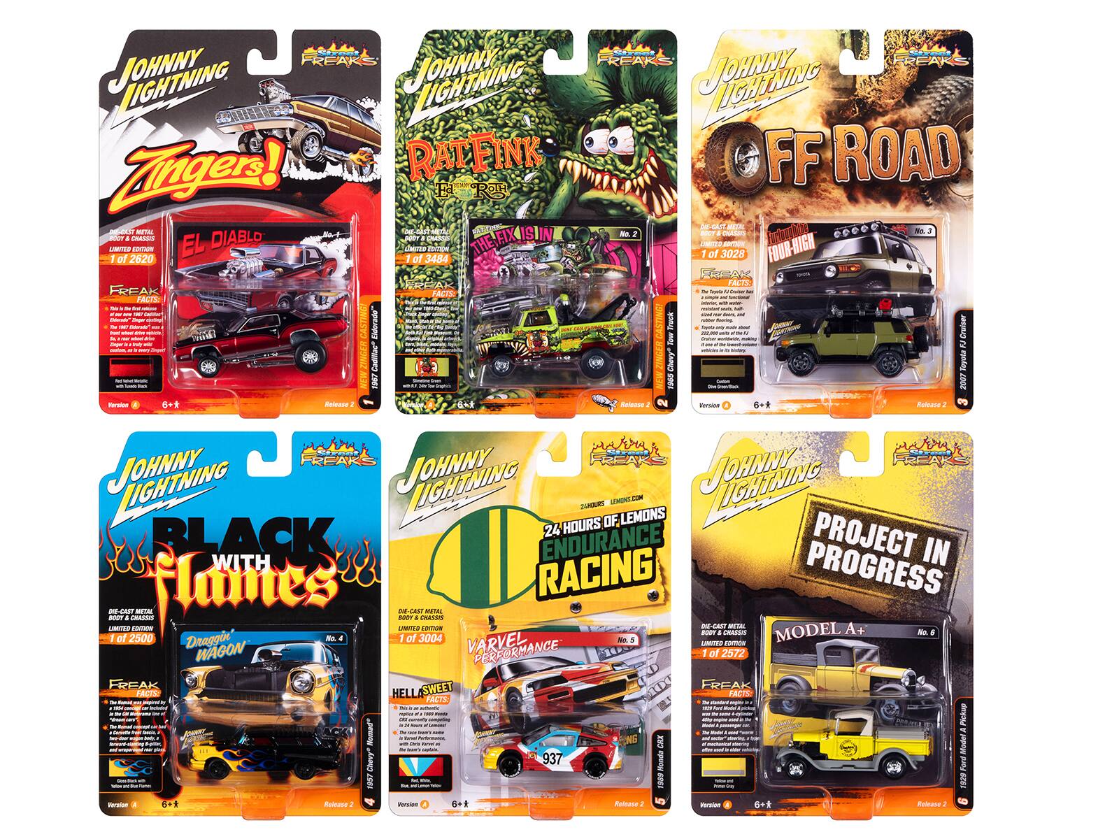 Sure, here is the corrected and grouped text from the image:

---

**JOHNNY LIGHTNING**

**Zingers!**  
- EL DIABLO  
- No. 1 of 2620  
- FREAK FACTS:  
  - The first real release of the Zingers!  
  - The Zingers! are a full die-cast metal car with rubber tires.  
  - The Zingers! are a full die-cast metal car with rubber tires.  
  - The Zingers! are a full die-cast metal car with rubber tires.  
  - The Zingers! are a full die-cast metal car with rubber tires.  
  - The Zingers! are a full die-cast metal car with rubber tires.  
  - The Zingers! are a full die-cast metal car with rubber tires.  
  - The Zingers! are a full die-cast metal car with rubber tires.  
  - The Zingers! are a full die-cast metal car with rubber tires.  
  - The Zingers! are a full die-cast metal car with rubber tires.  
  - The Zingers! are a full die-cast metal car with rubber tires.  
 
