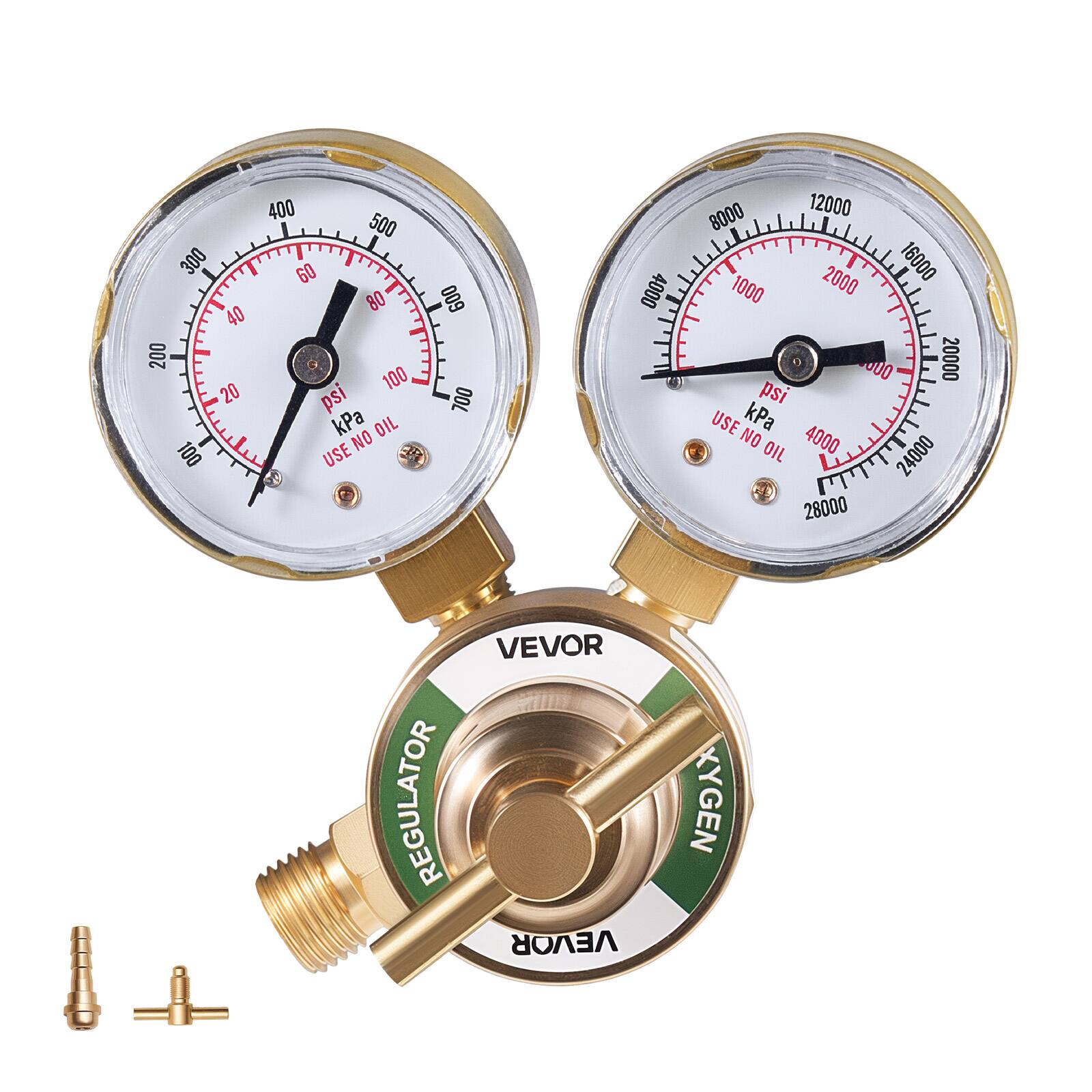 300 40 200 20 100 400 500 60 80 600 100 psi 700 kPa OIL NO USE E  
4000 8000 12000 2000 16000 1000 20000 psi USE kPa NO 4000 OIL  
24000 28000  
VEVOR REGULATOR  
VEVOR OXYGEN