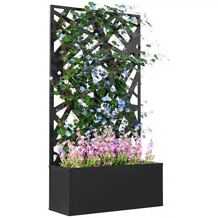 Front. Outsunny - Planter Box Raised Garden Bed with Decorative Privacy Screen, Wall-mounted or Freestanding - Black.