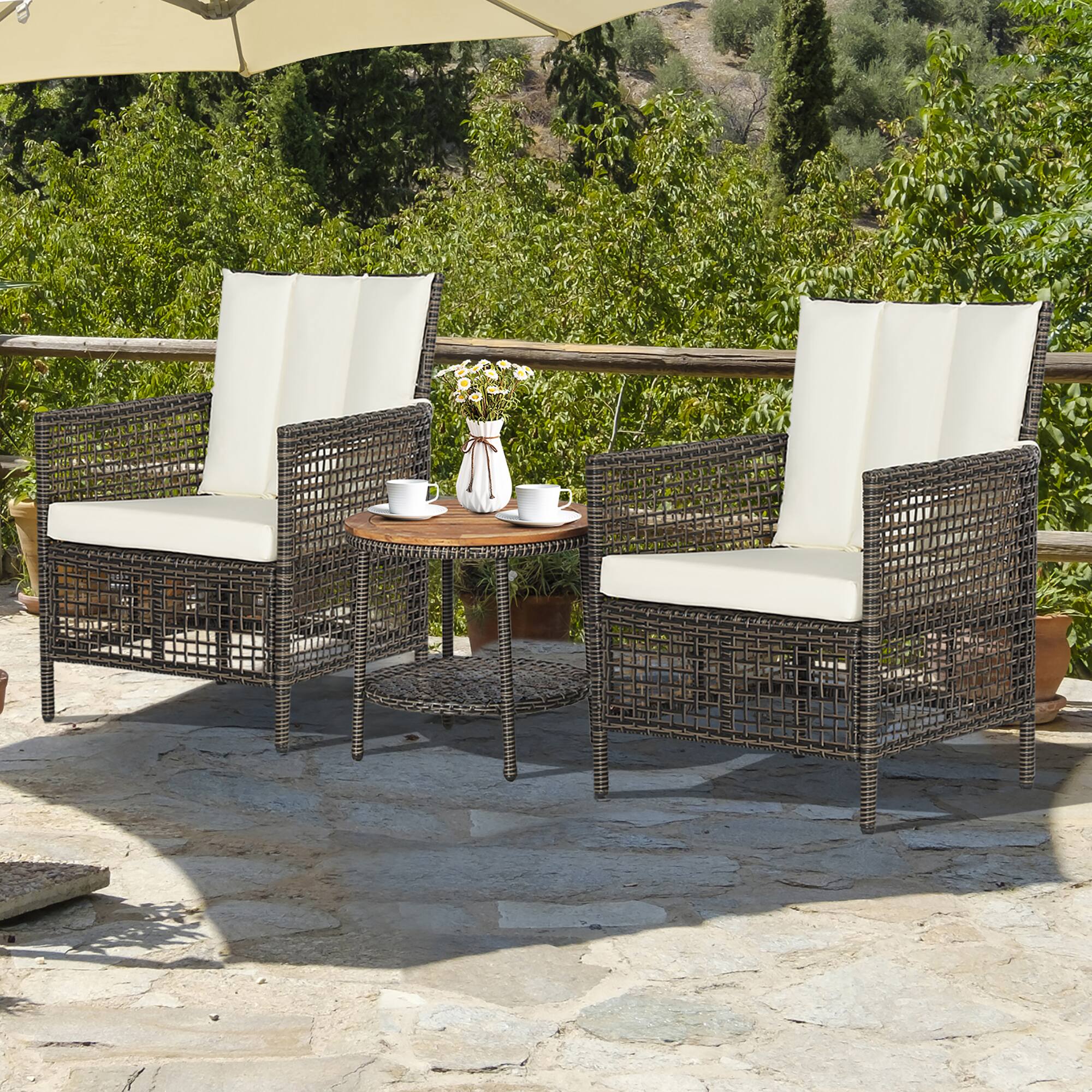 Alt View 2. Costway - Costway Patiojoy 3PCS Patio Rattan Furniture Set Cushioned Sofas Wood Table Top W/Shelf - Mix Black,Brown,Off White.