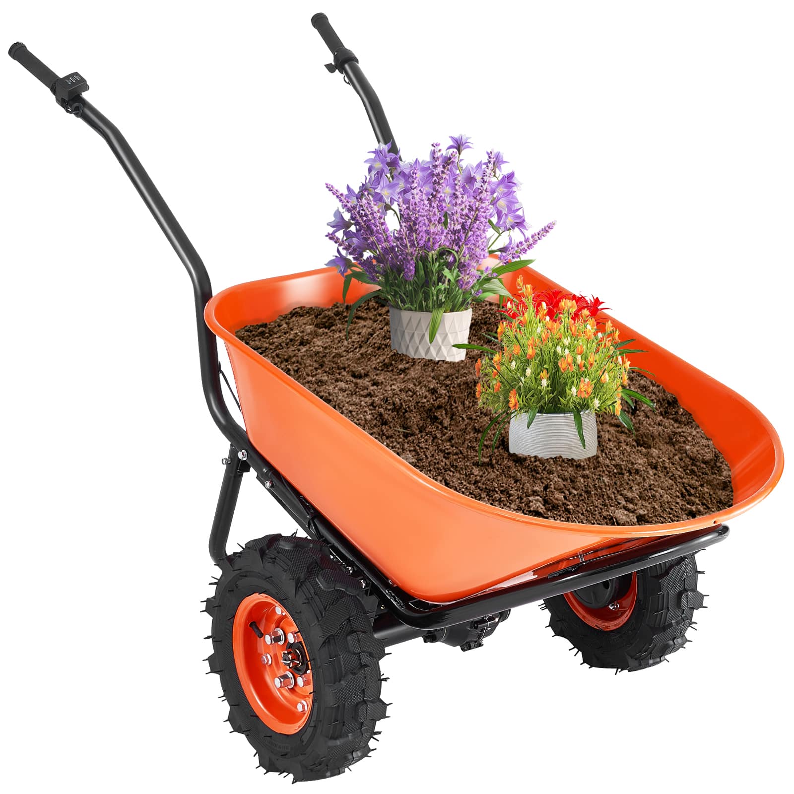 VEVOR - Electric Wheelbarrow Cart, 500W Powered Utility Garden Wagon Dump Cart, 7 Cu. Ft. Load & 573 lbs Capacity - Orange + Black