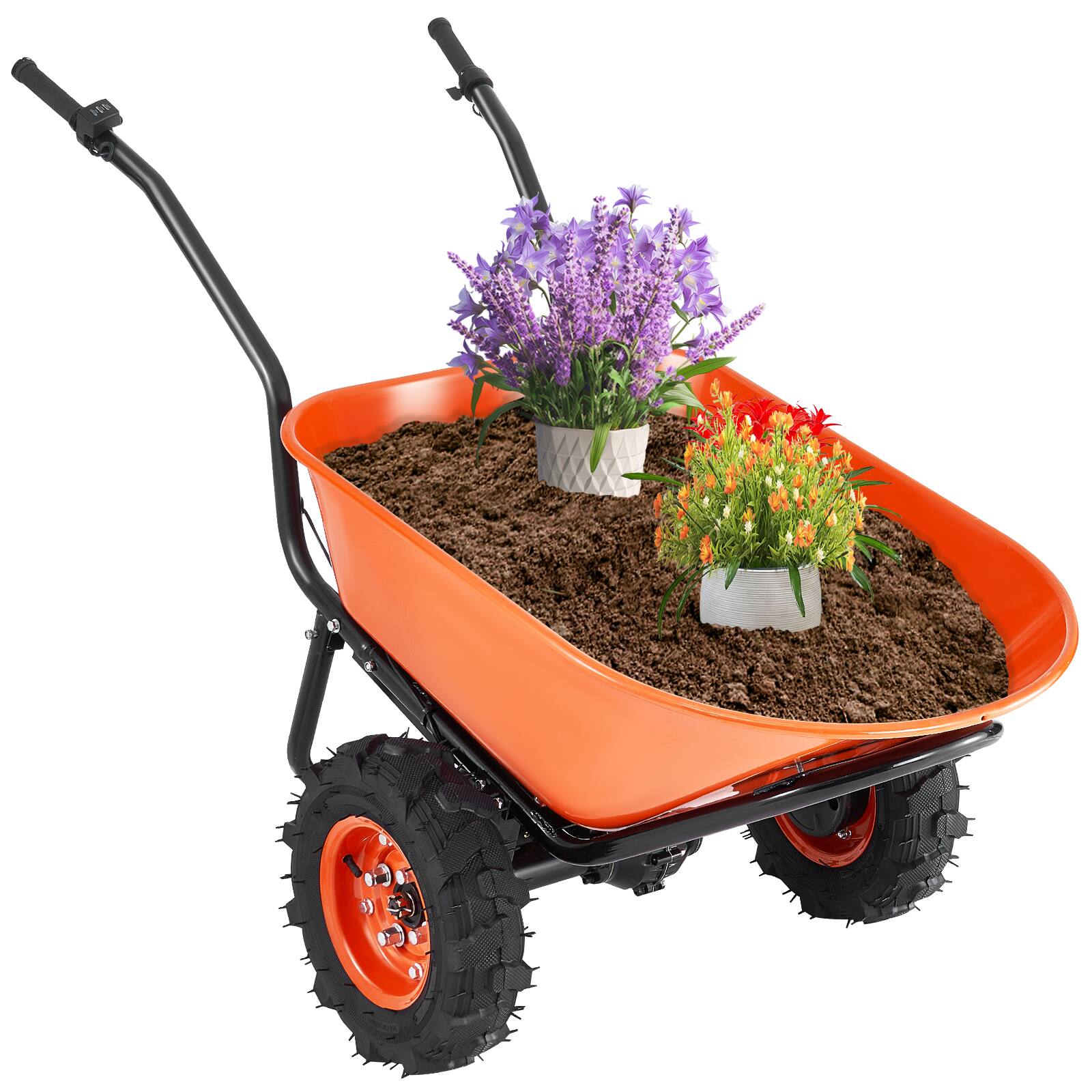 Front. VEVOR - Electric Wheelbarrow Cart, 500W Powered Utility Garden Wagon Dump Cart, 7 Cu. Ft. Load & 573 lbs Capacity - Orange + Black.