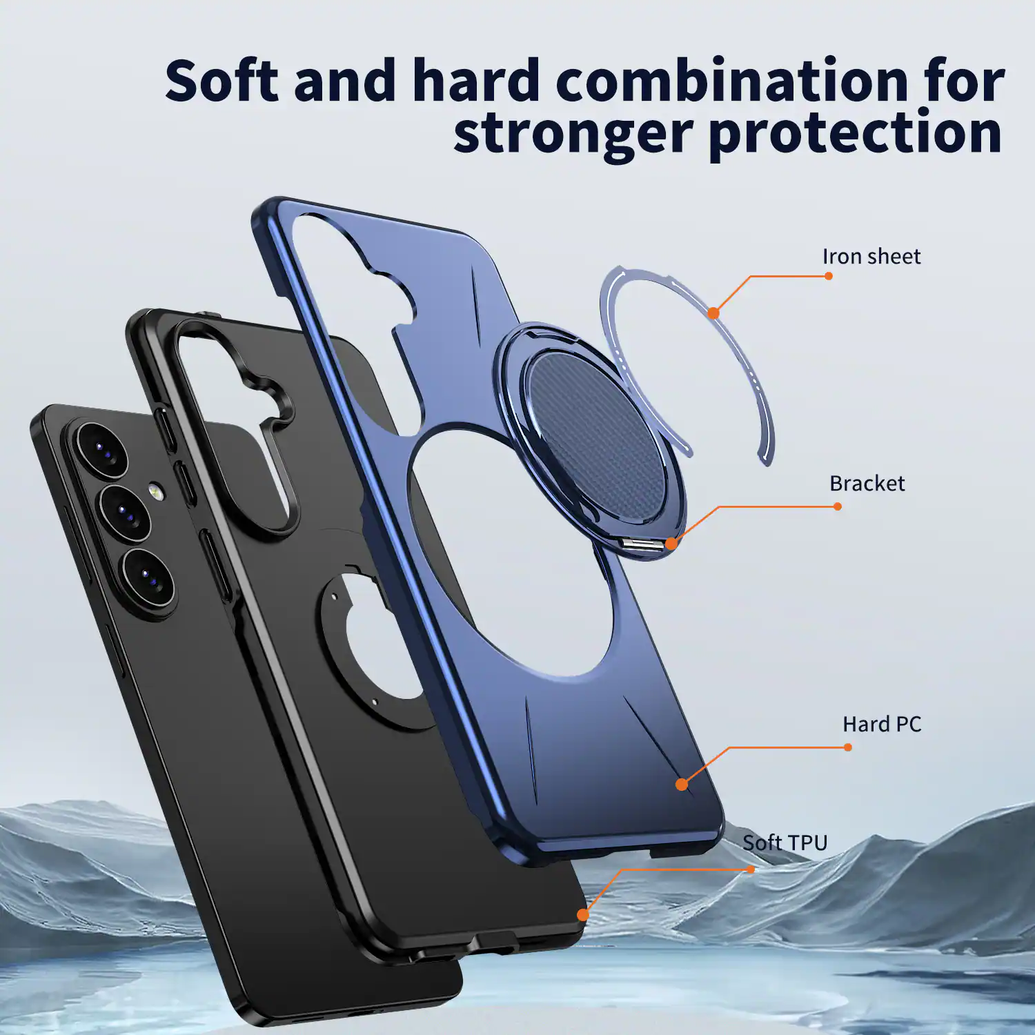 Soft and hard combination for stronger protection

Iron sheet
Bracket
Hard PC
Soft TPU