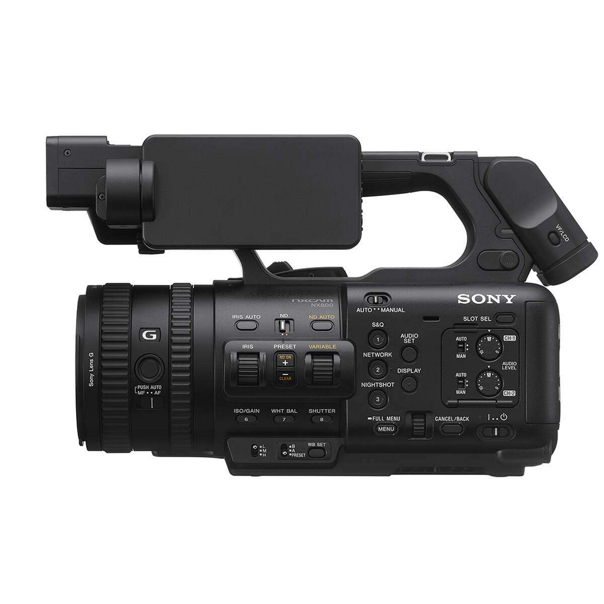 VF/LCD  
Lons Sony  
G PUSH AUTO MF AF  
IRIS AUTO IRIS  
NXCAM NX800 NO ND AUTO PRESET VARIABLE NO ON + CLEAR  
AUTO MANUAL S&O AUDIO 1 SET NETWORK 2 DISPLAY NIGHTSHOT 3  
SONY SLOT SEL AUTO CH-1 + % MAN AUDIO LEVEL AUTO ? 9 t MAN CH-2  
ISO/GAIN WHT BAL SHUTTER 6 7 8  
FULL MENU  
CANCEL/BACK  
1..0  
MENU  
+L  H  
+8 WB SET  *PRESET