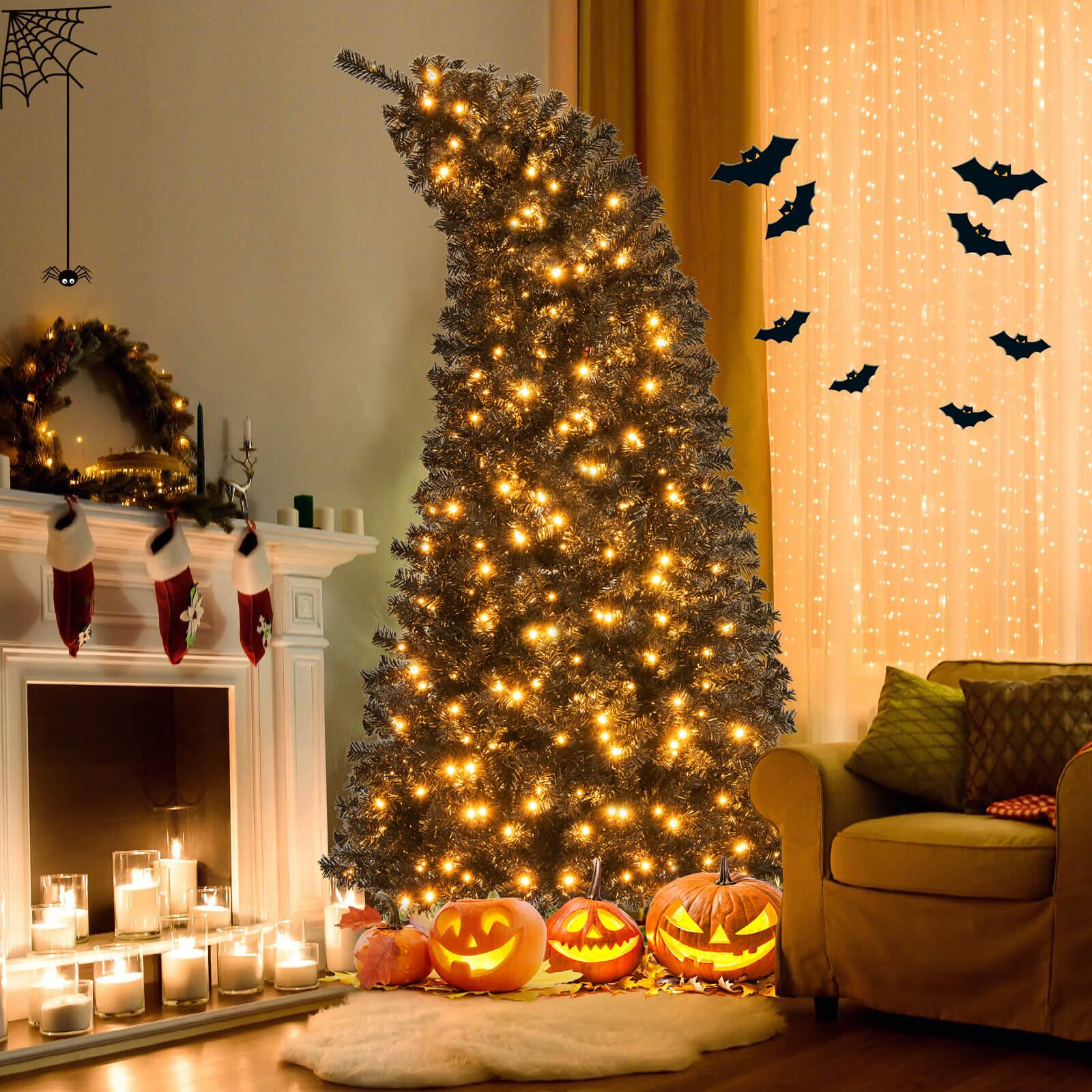 Alt View 11. Costway - 7 FT Artificial Halloween Tree with Bendable Top Section 1050 Branch Tips 340 Lights - Black.