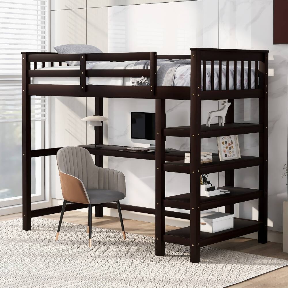 Left. Loheer - Loheer Twin Size Loft Bed with Desk and Storage Shelves, Espresso Wood Loft Bed with LED Lights - Espresso.