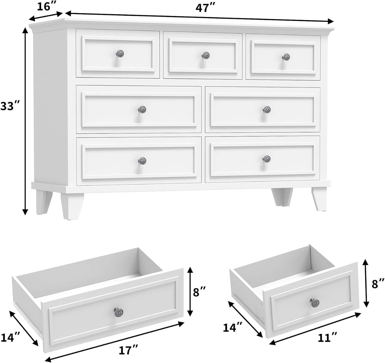 Qeetex - Dresser for Bedroom, 7 Drawer Dresser, Wooden Chest of Drawers with Deep Drawers, 47" Long Dressers TV Stand - White