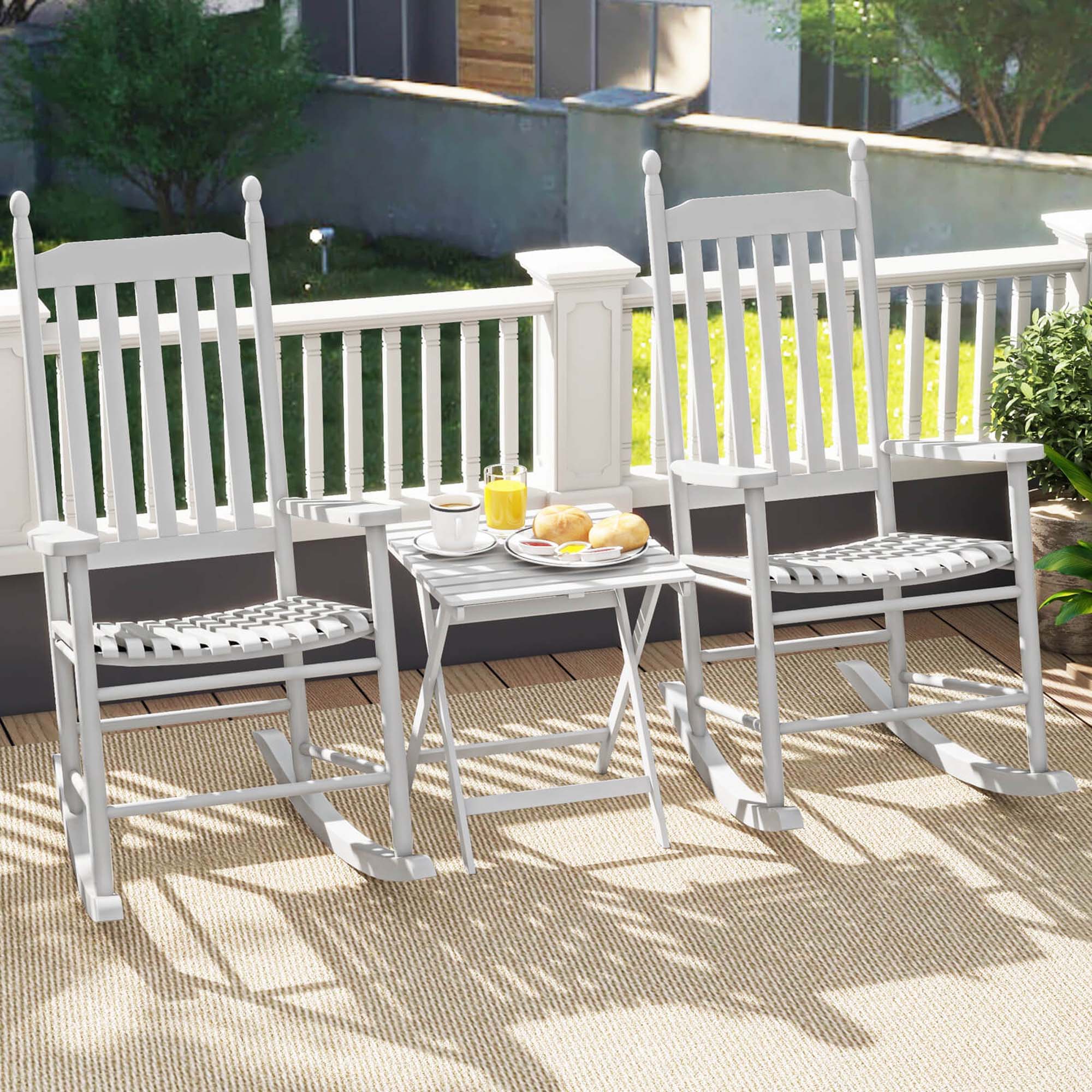 Back. Costway - Outdoor Wooden Rocking Chair with Solid Rocking Base Slatted Seat & Back Patio - White.