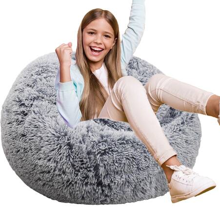 Front. PO3TICJUNKI3 - Fluffy Bean Bag Chair For 2 Round Memory Foam Filled Teens Ultra Soft Faux Fabric Chairs Playroom Living Ro - Grey.
