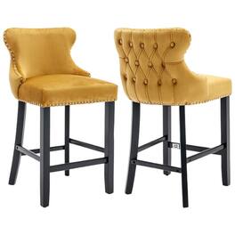 HTUTWOO - Velvet Bar Stools Set of 2, Wingback Counter Height Chairs with Solid Wood Legs and Nailhead Trim for Kitchen Island - Gold