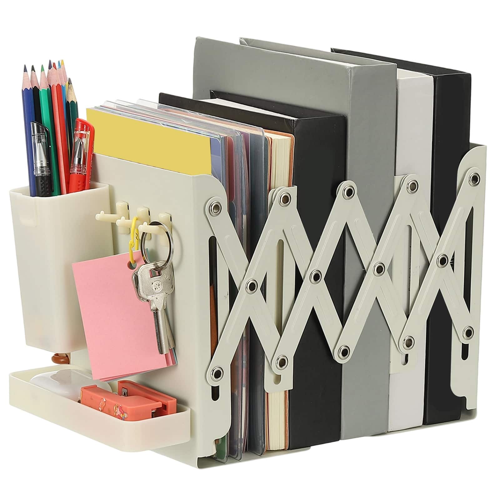 Unique Bargains - Adjustable Book Ends, 7.5" Tall Heavy Duty Metal Adjustable Bookends, with Removable Pen Holder Tray and 3 Hook-up - White