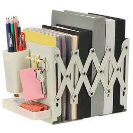 Unique Bargains - Adjustable Book Ends, 7.5" Tall Heavy Duty Metal Adjustable Bookends, with Removable Pen Holder Tray and 3 Hook-up - White