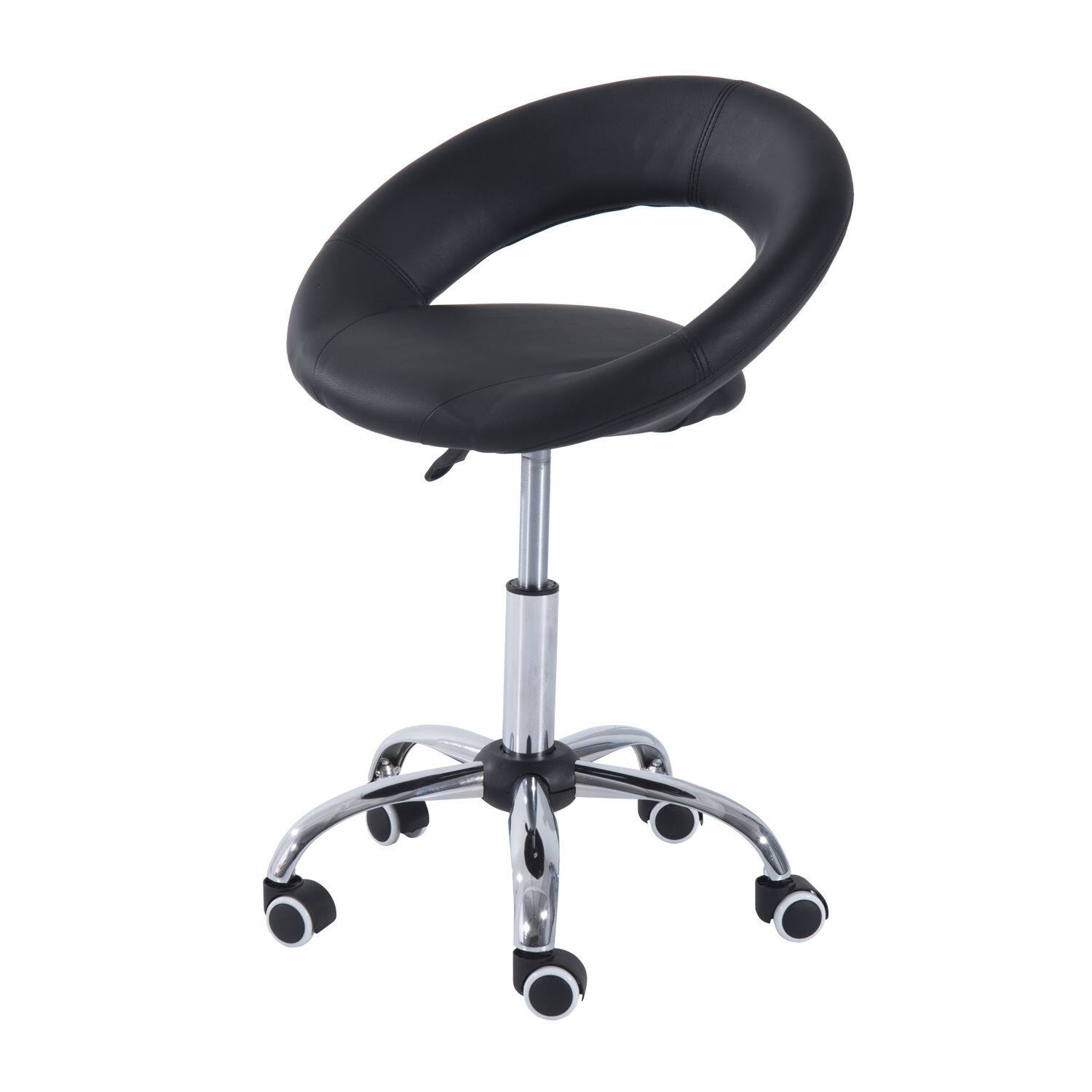 Front. Homcom - Crescent Rolling Salon Stool with Adjustable Height, Breathable Open Back, Foam Cushion Seat, and 5 Caster Wheels - Black.