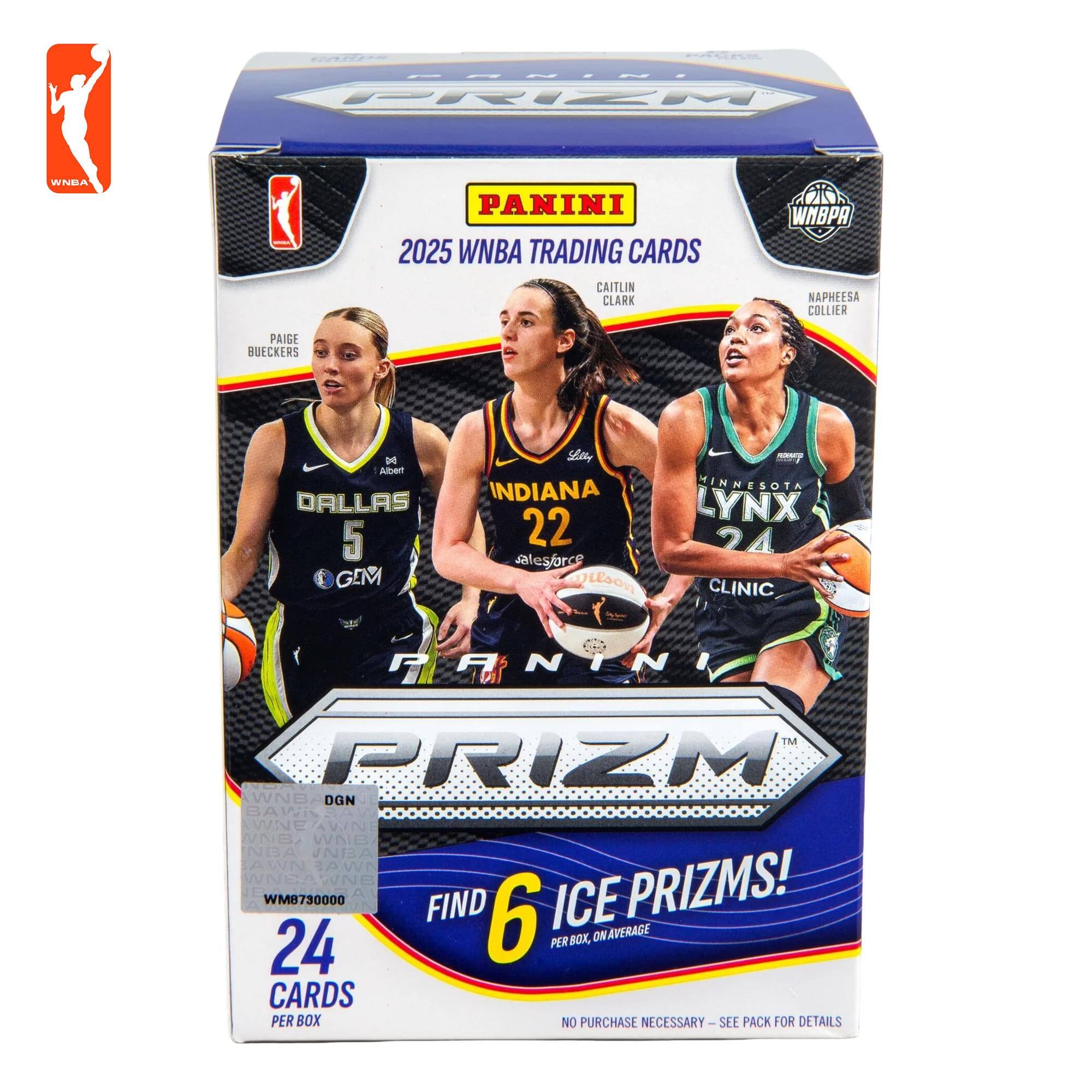PANINI PRIZM 2025 WNBA TRADING CARDS

- Caitlin Clark
- Napheesa Collier
- Paige Bueckers
- D Alben
- Dallas 5
- Indiana 22
- Minnesota Lynx 24
- Clinic

24 CARDS PER BOX

FIND 6 ICE PRIZMS!

NO PURCHASE NECESSARY - SEE PACK FOR DETAILS