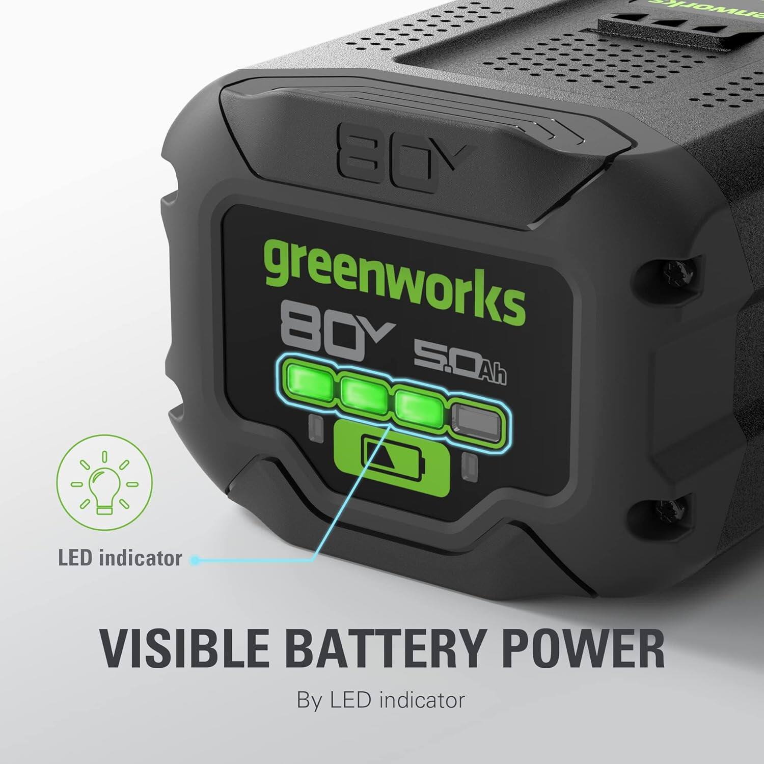 greenworks  
80V  
5.0Ah  

LED indicator  

VISIBLE BATTERY POWER  
By LED indicator